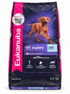 A 15 kg bag of Eukanuba Puppy Large Breed premium dog food.