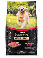 A 20kg bag of Supervite Gold Label Adult Real Australian Beef dog food. 
